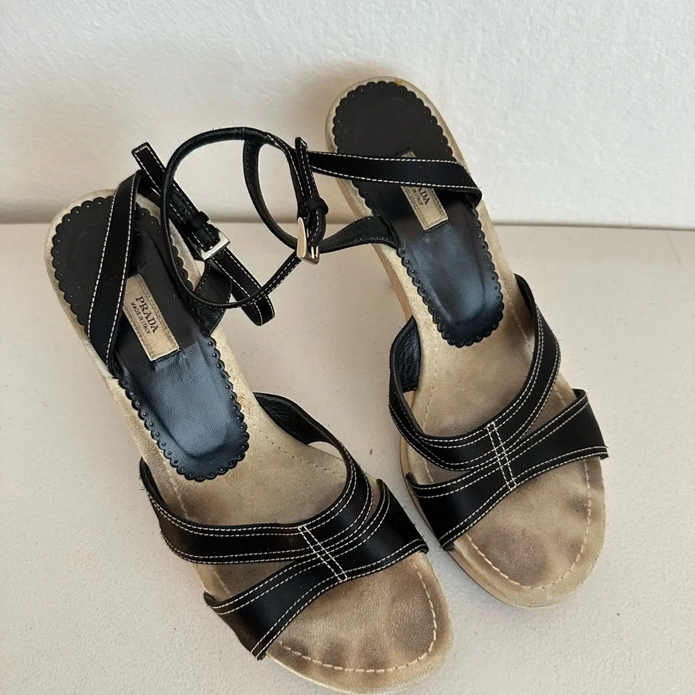 Prada Black Satin Open Toe Ankle Strap Heels - Picture 12 of 14